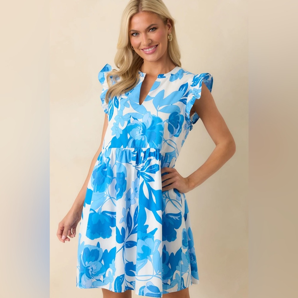 (Buy 2 - 1 is FREE) BLUE FLORAL PRINT COTTON FLUTTER SLEEVE MINI DRESS
